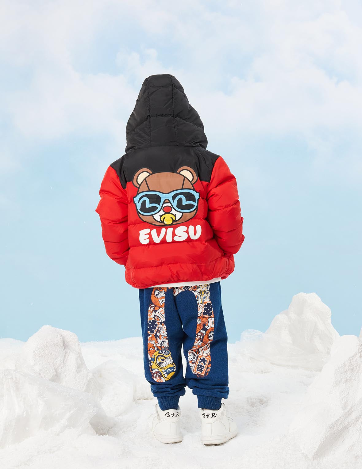 Bear Print Colorblock Down Jacket