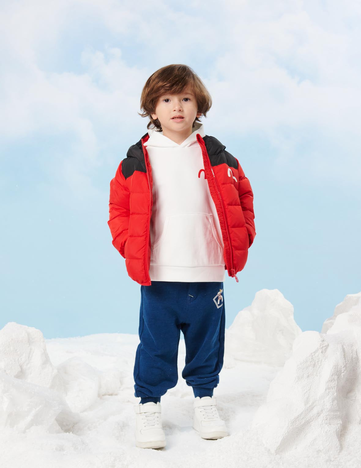 Bear Print Colorblock Down Jacket