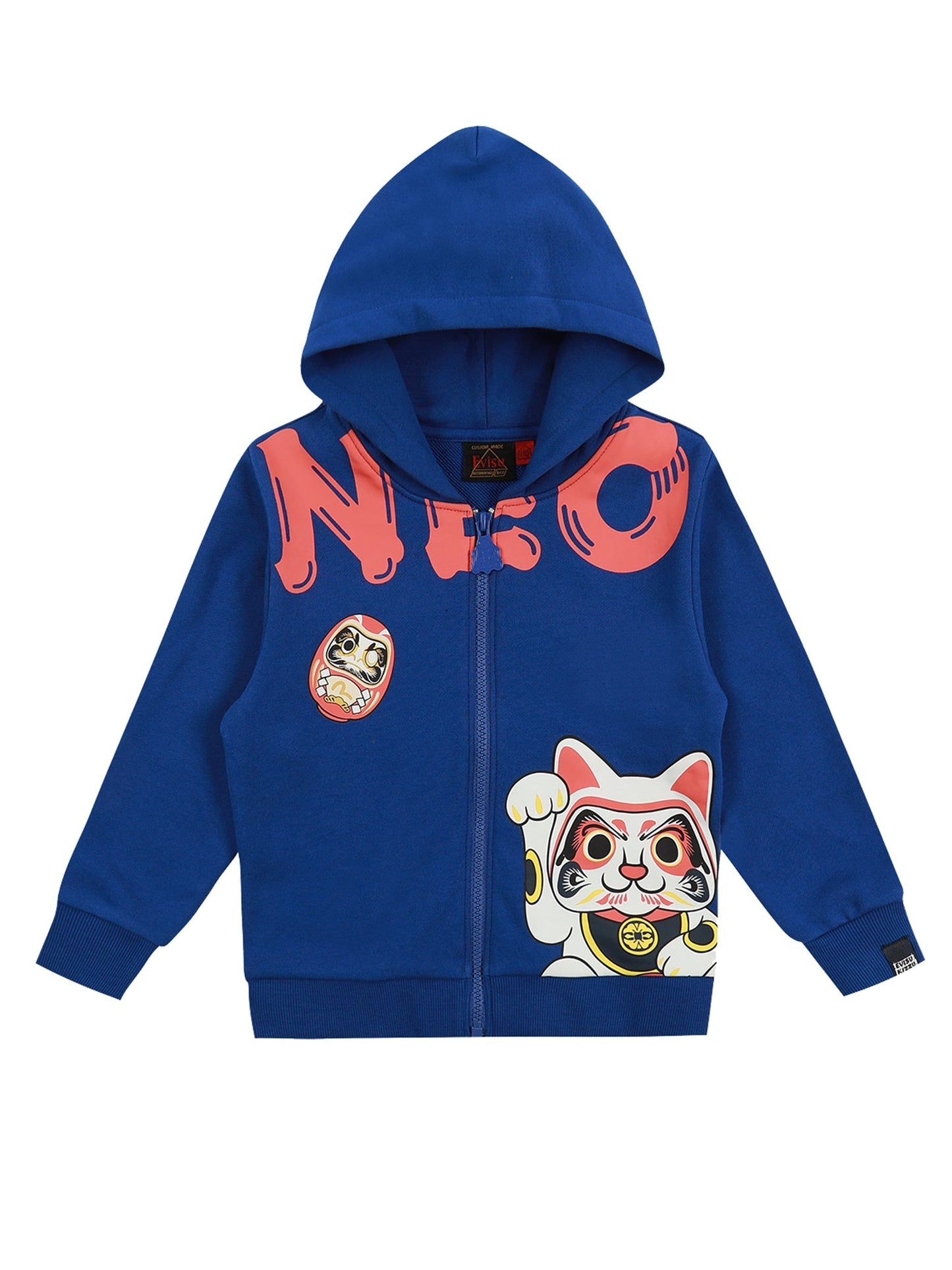 Fortune Cat and Daruma Print Zip-up Hoodie