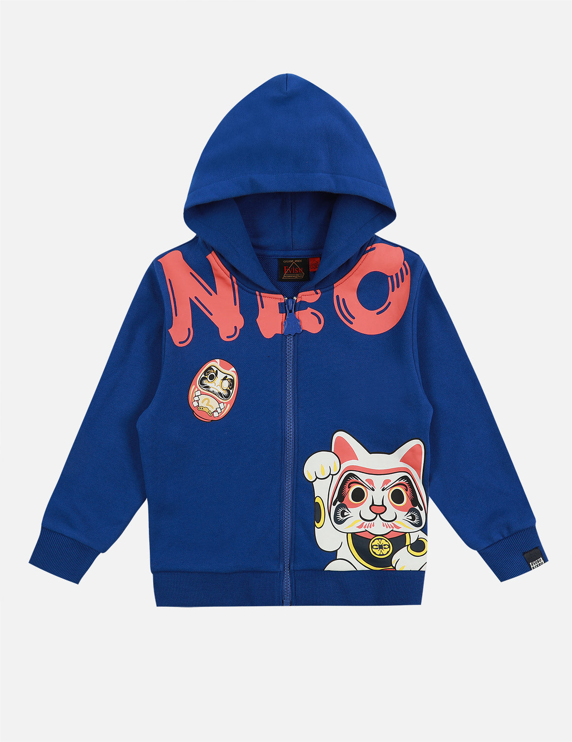 Fortune Cat and Daruma Print Zip-up Hoodie