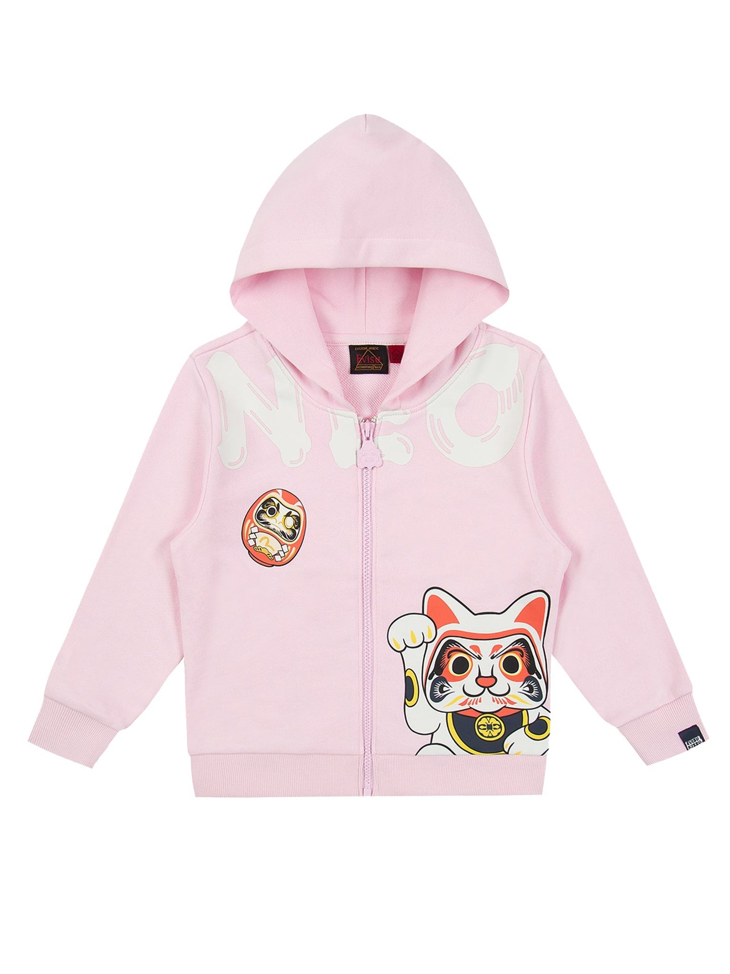 Fortune Cat and Daruma Print Zip-up Hoodie