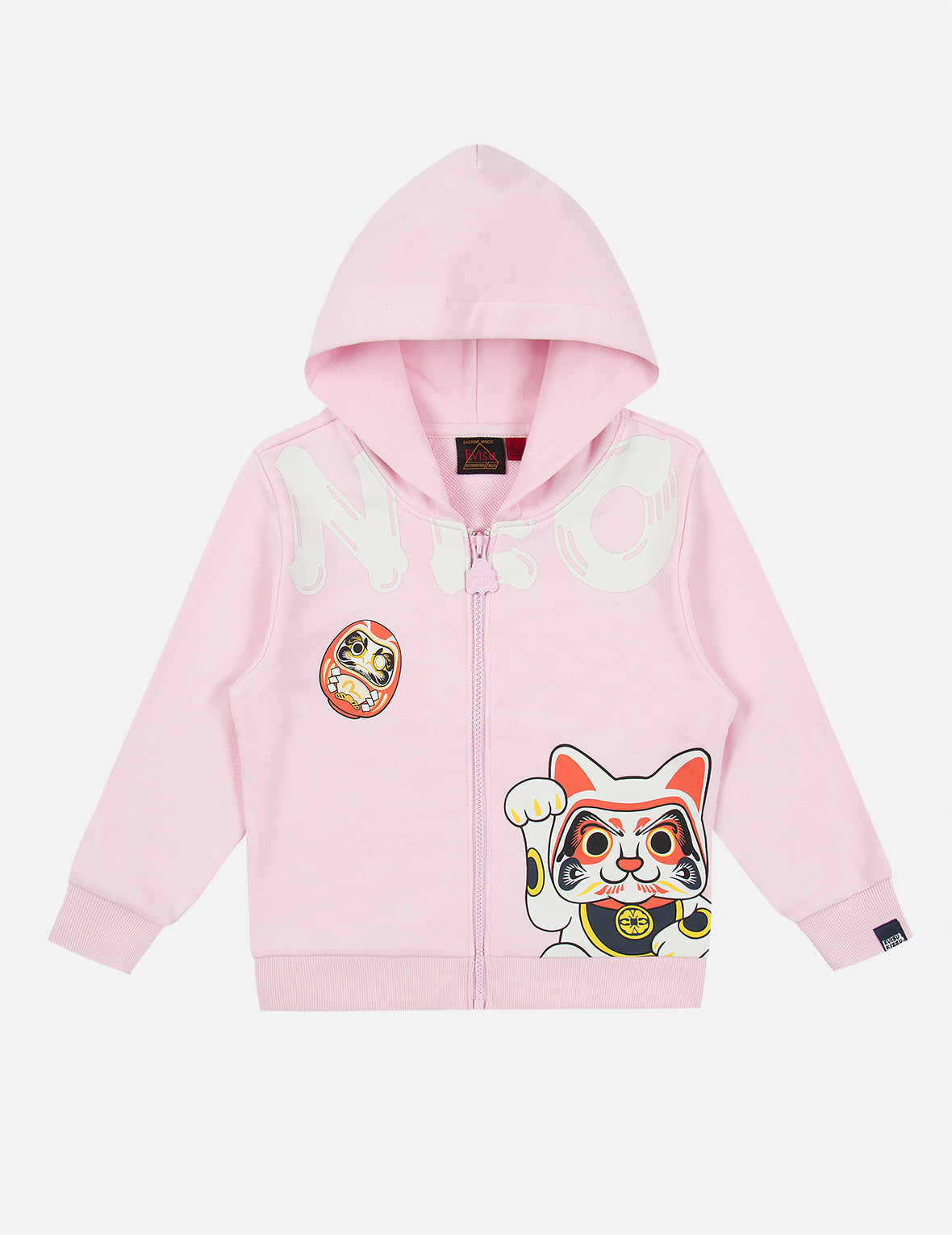 Fortune Cat and Daruma Print Zip-up Hoodie