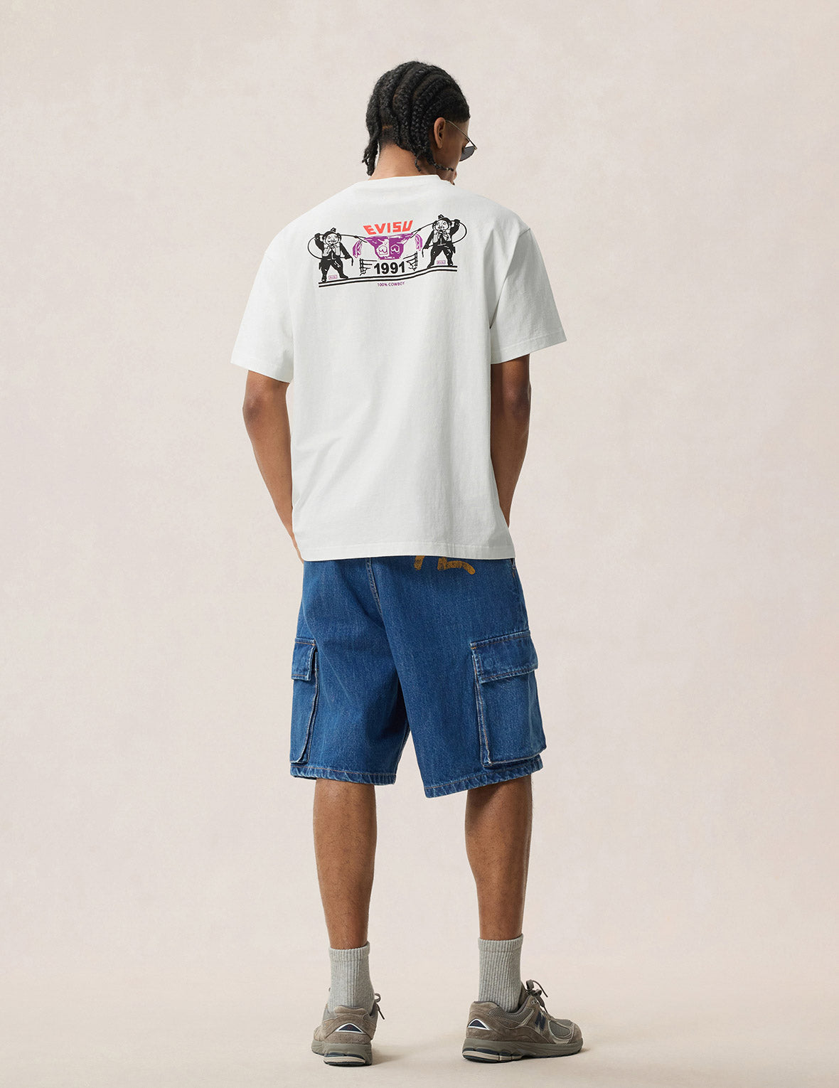 海鸥印花多口袋深蓝牛仔短裤