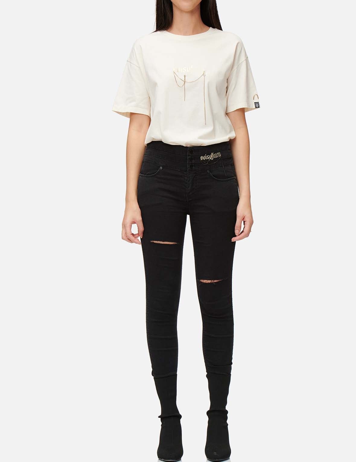 Chain and Logo Embroidered Skinny Jeans