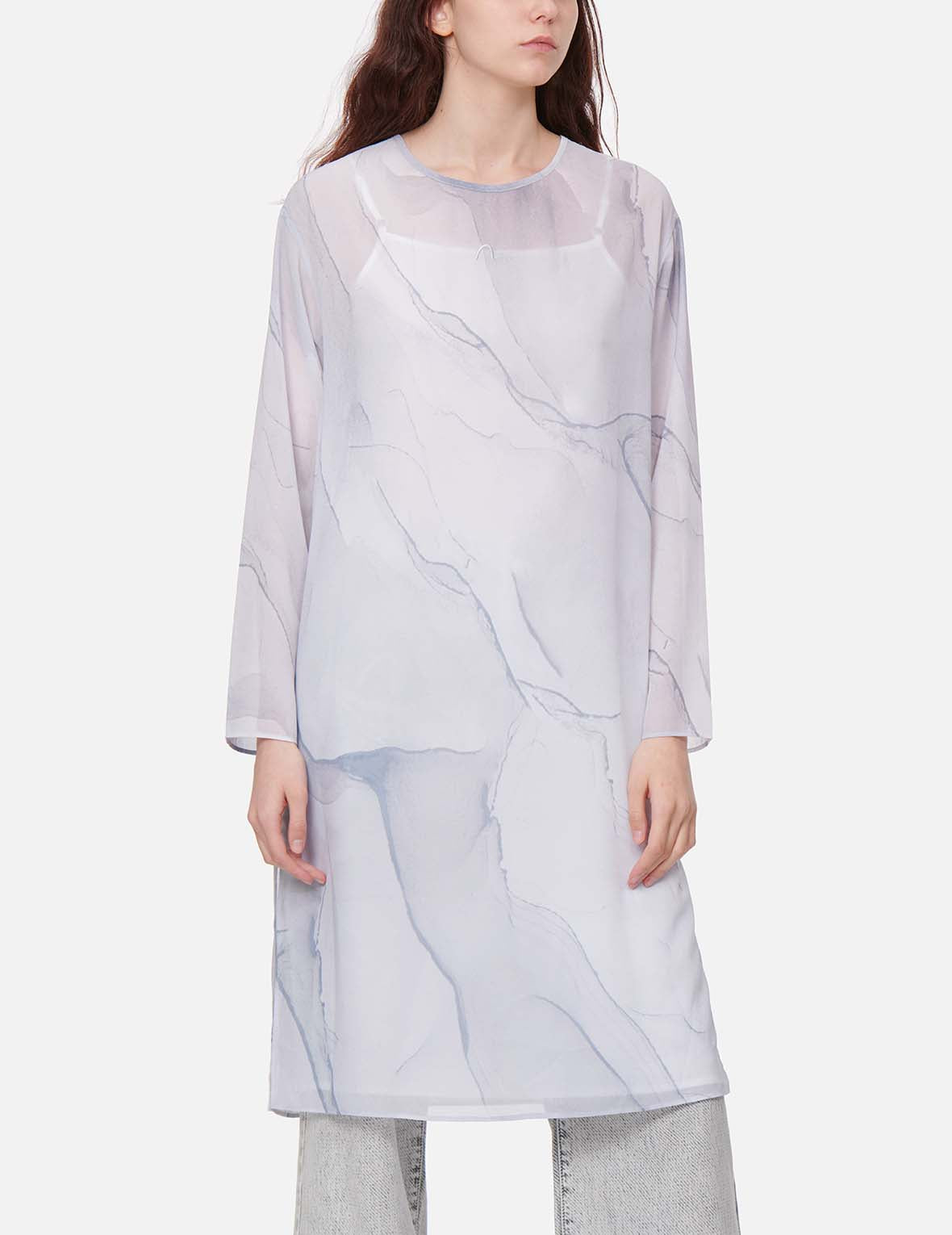 Marble-pattern Print Mesh Dress (with Inner Dress)