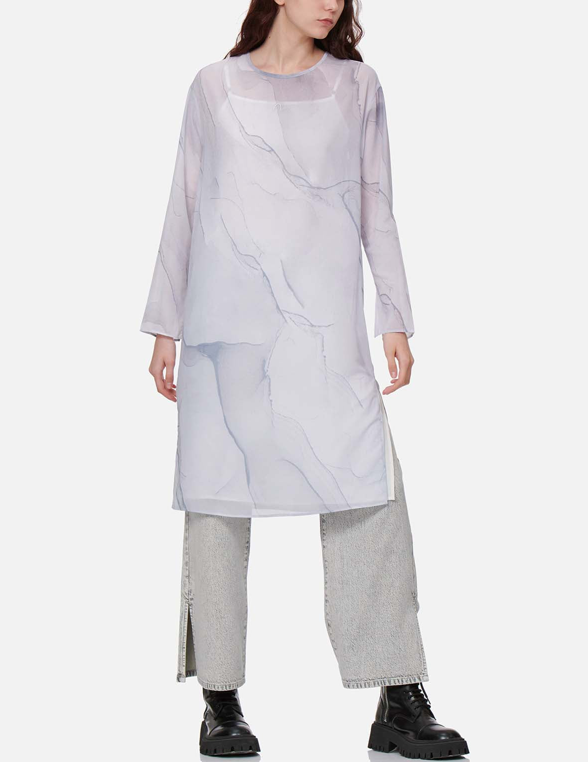 Marble-pattern Print Mesh Dress (with Inner Dress)