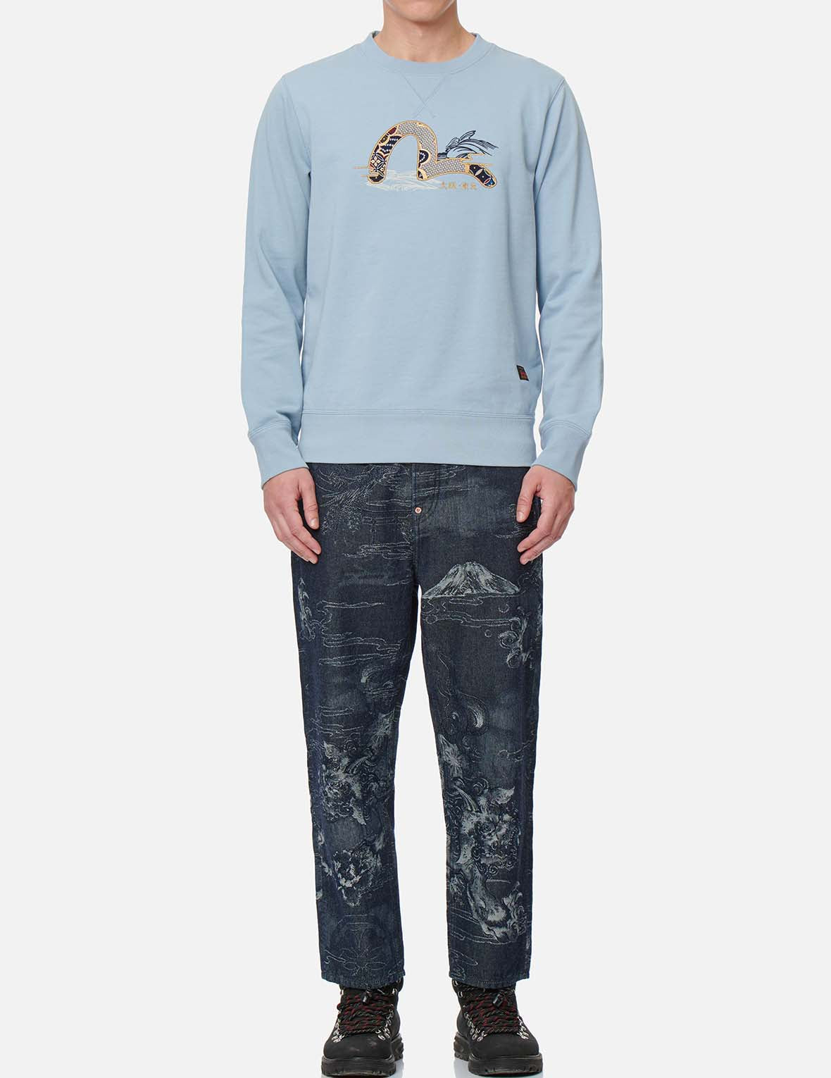 Allover Komainu Painting Jacquard Straight Cropped Denim