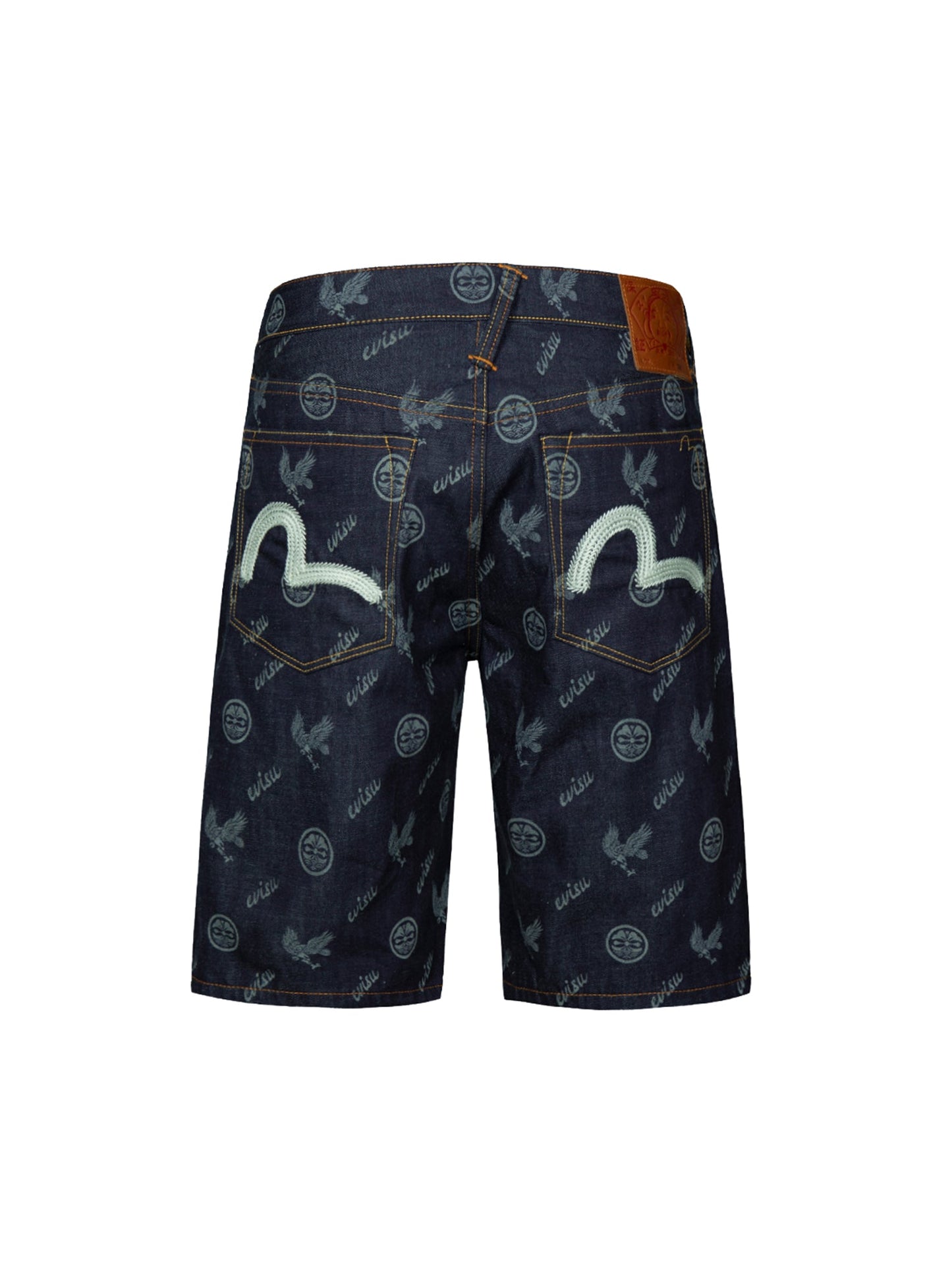 Allover Kamon and Eagle Print Denim Shorts