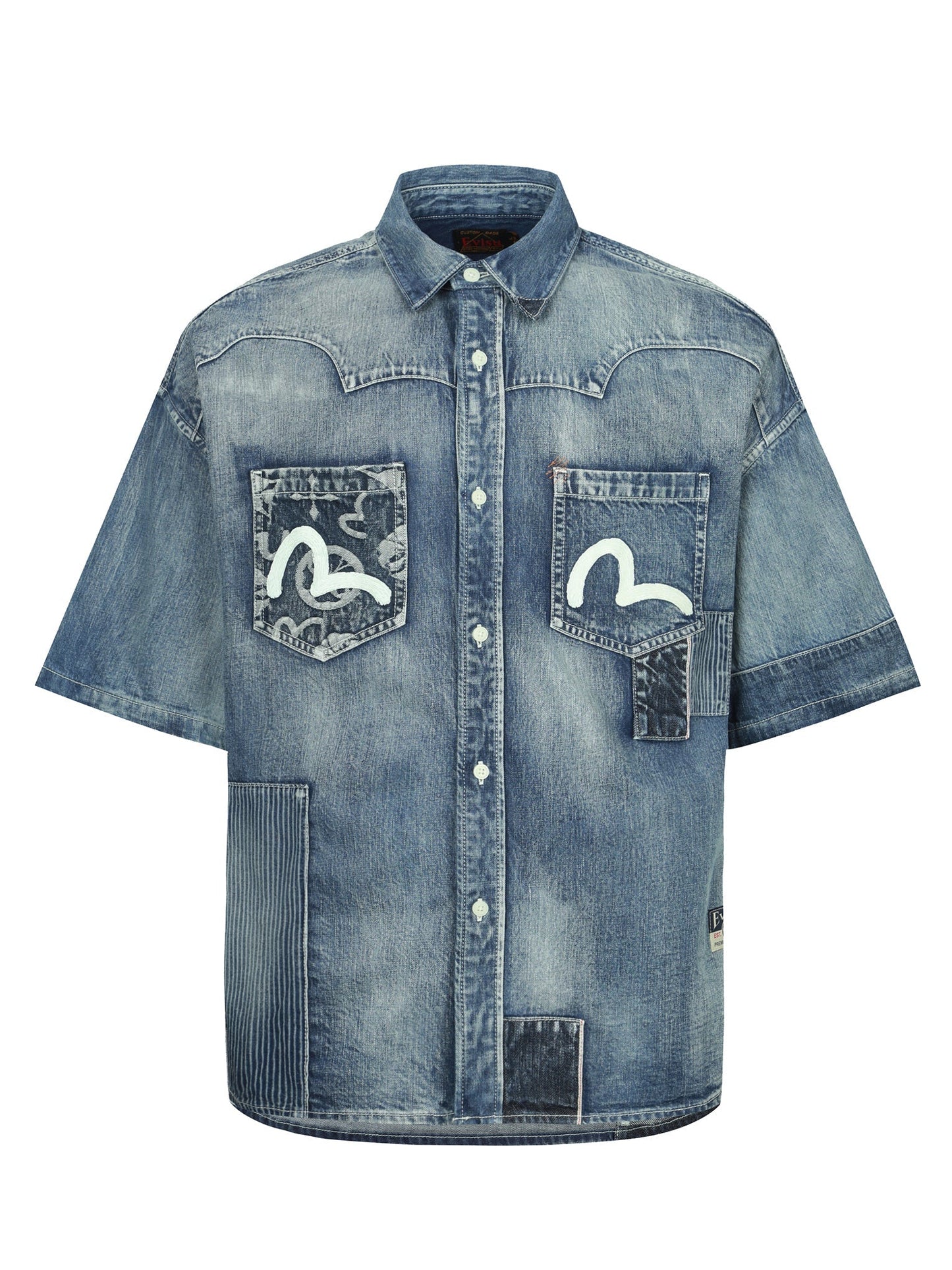Seagull Print and Multi-Patches Loose Fit Denim Shirt
