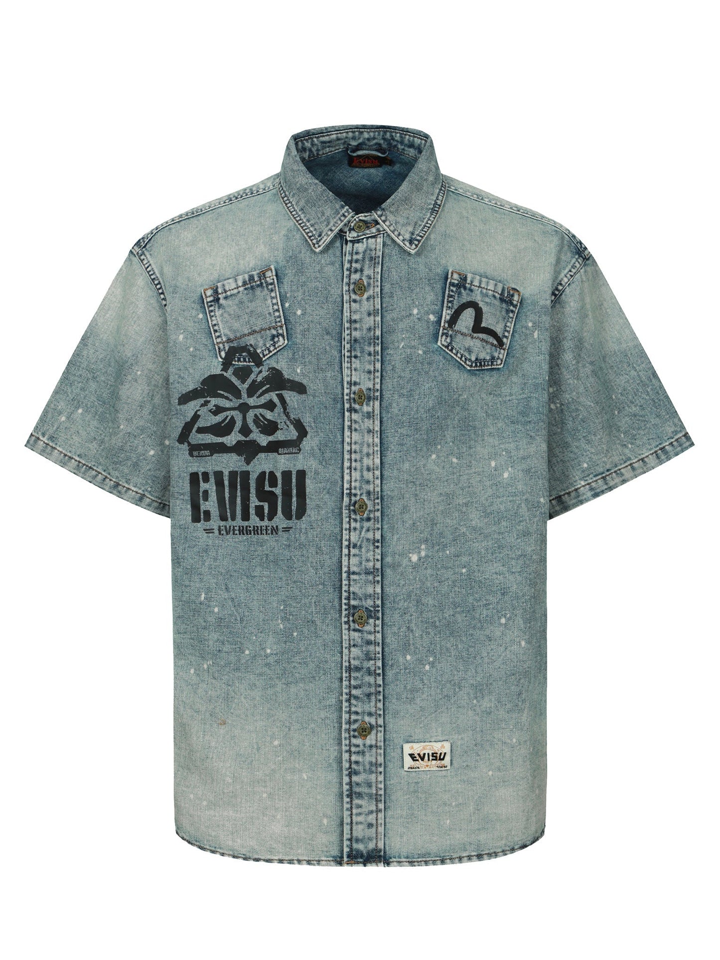 Faded-Washed Multi-Print Loose Fit Denim Shirt