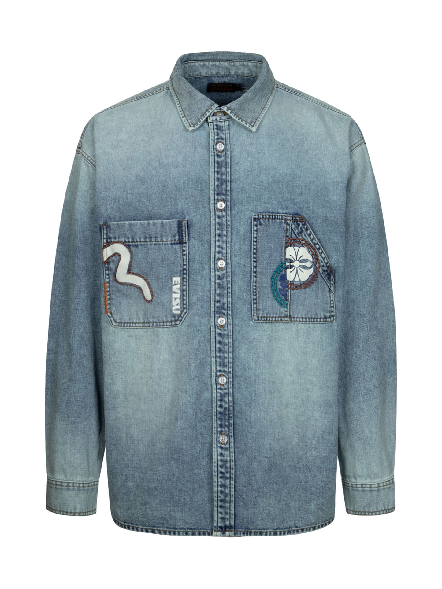 Hand-Stitched and Multi-Print Loose Fit Denim Shirt