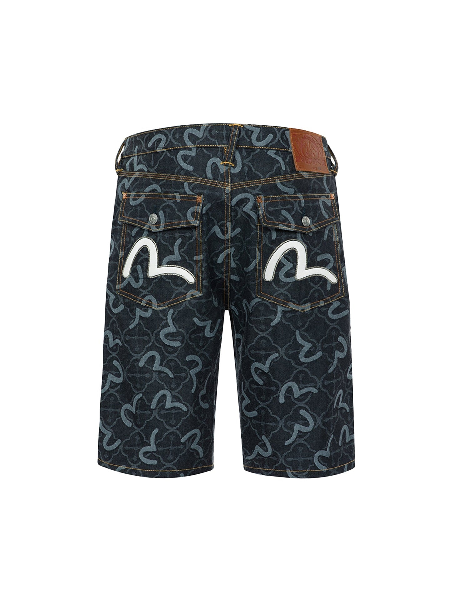 Allover Seagull and Kamon Jacquard Regular Fit Denim Shorts