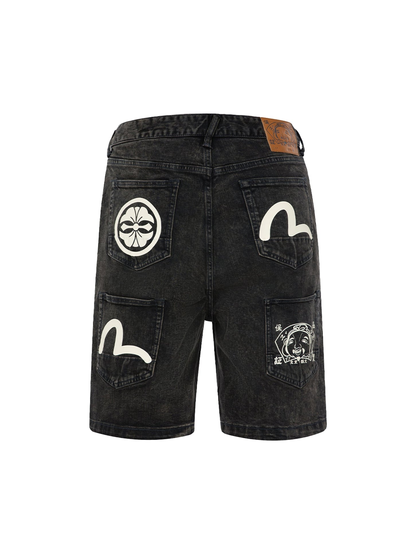 Seagull and Kamon Print Multi-Pocket Relax Fit Denim Shorts