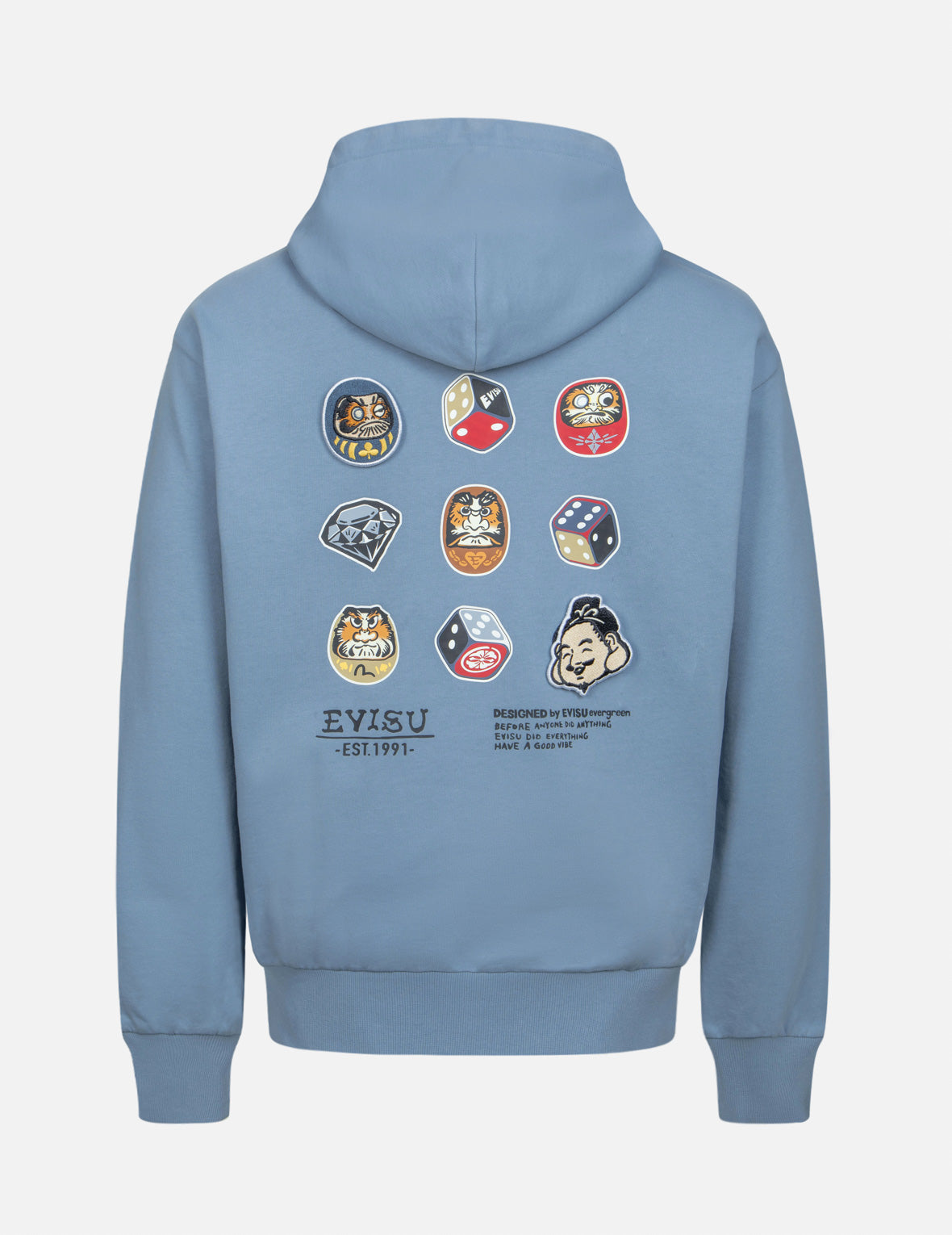 达摩和佛头刺绣章休闲宽版连帽卫衣– EVISU