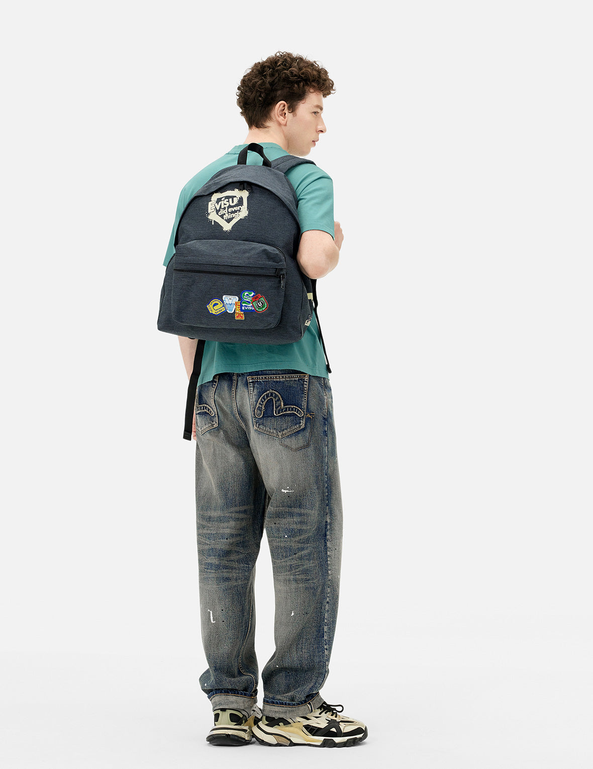 Faux Sticker Logo Print Denim Backpack