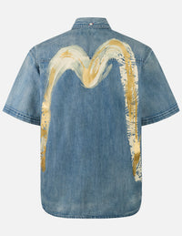 Artistic Brush Daicock Print Relax Fit Denim Short-Sleeves Shirt