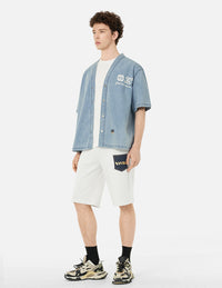 Hakutaku and Logo Print Fashion Fit Denim Baseball Shirt