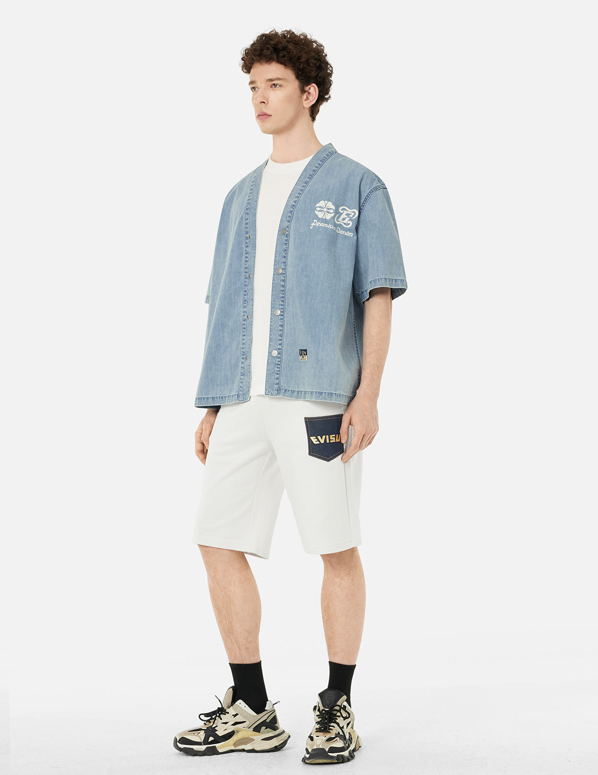Hakutaku and Logo Print Fashion Fit Denim Baseball Shirt