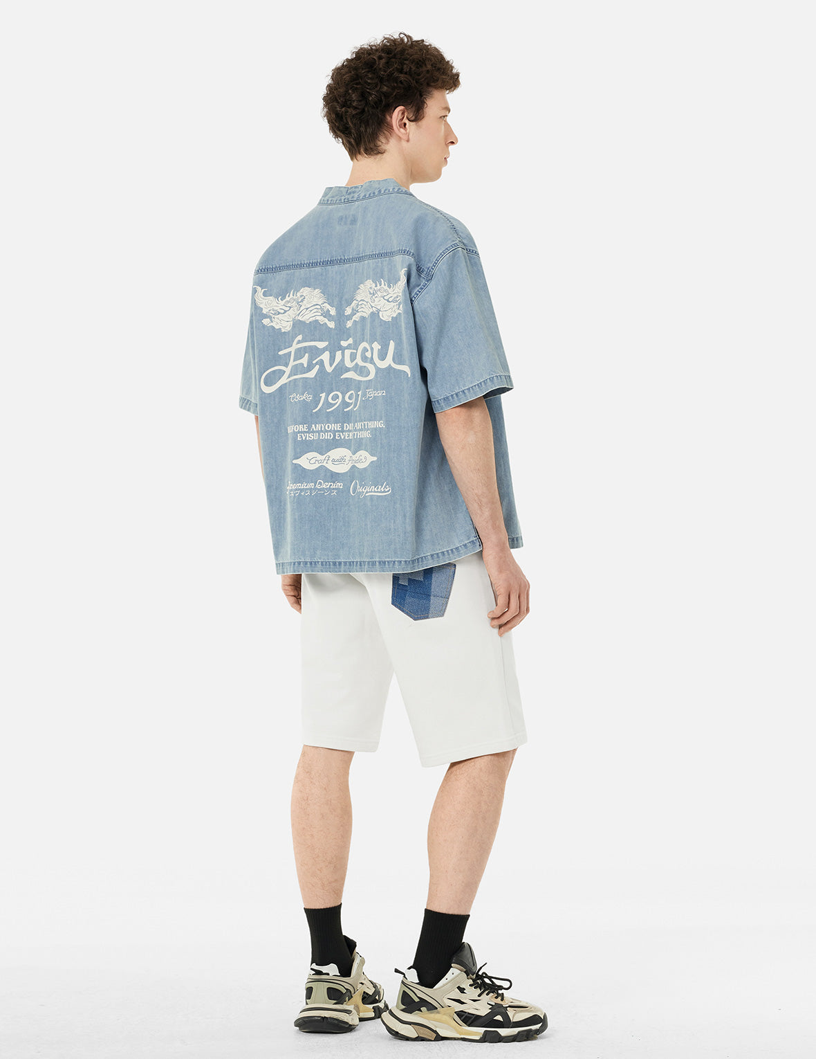 Hakutaku and Logo Print Fashion Fit Denim Baseball Shirt
