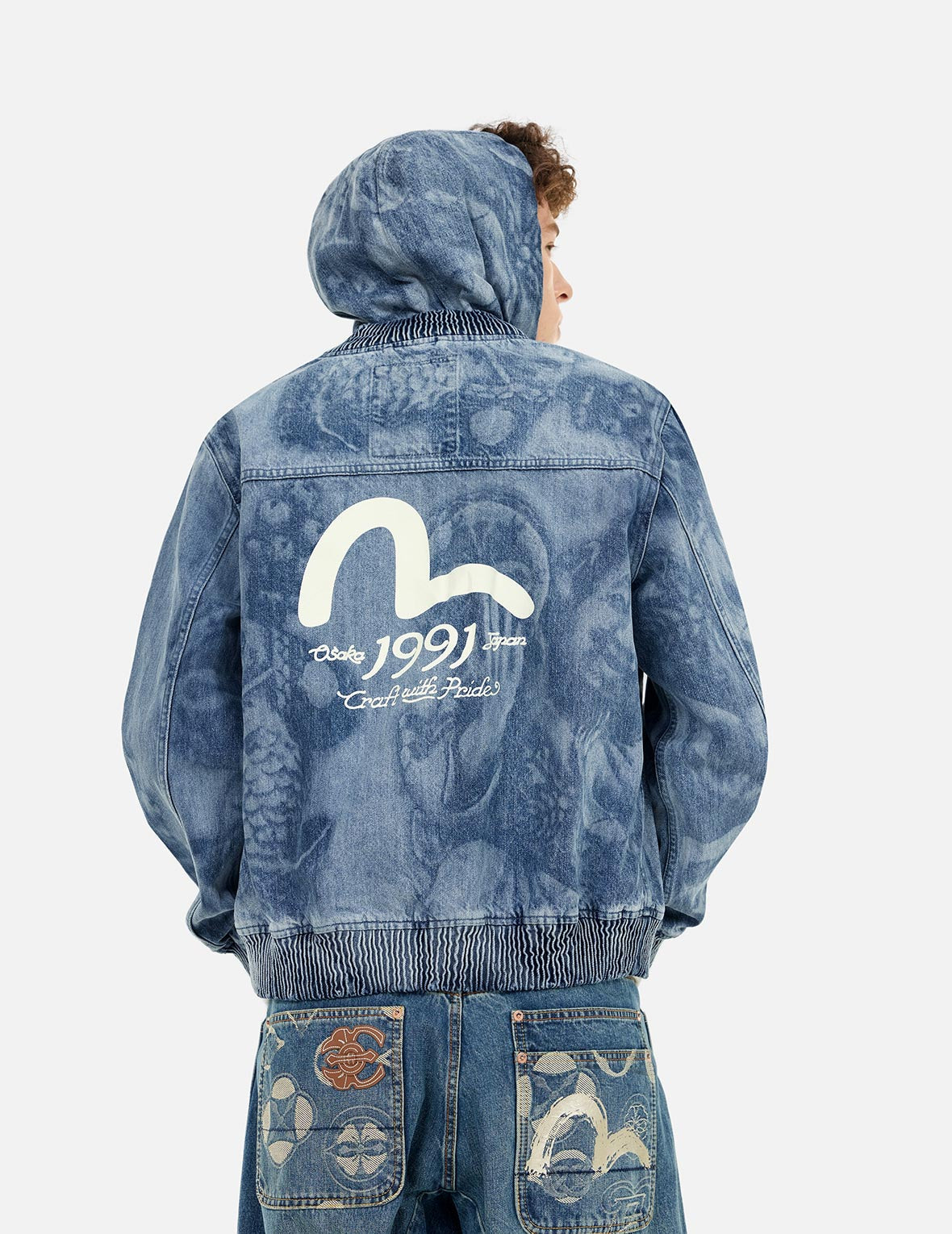 Fisherman Godhead Laser Print Loose Fit Hooded Denim Jacket