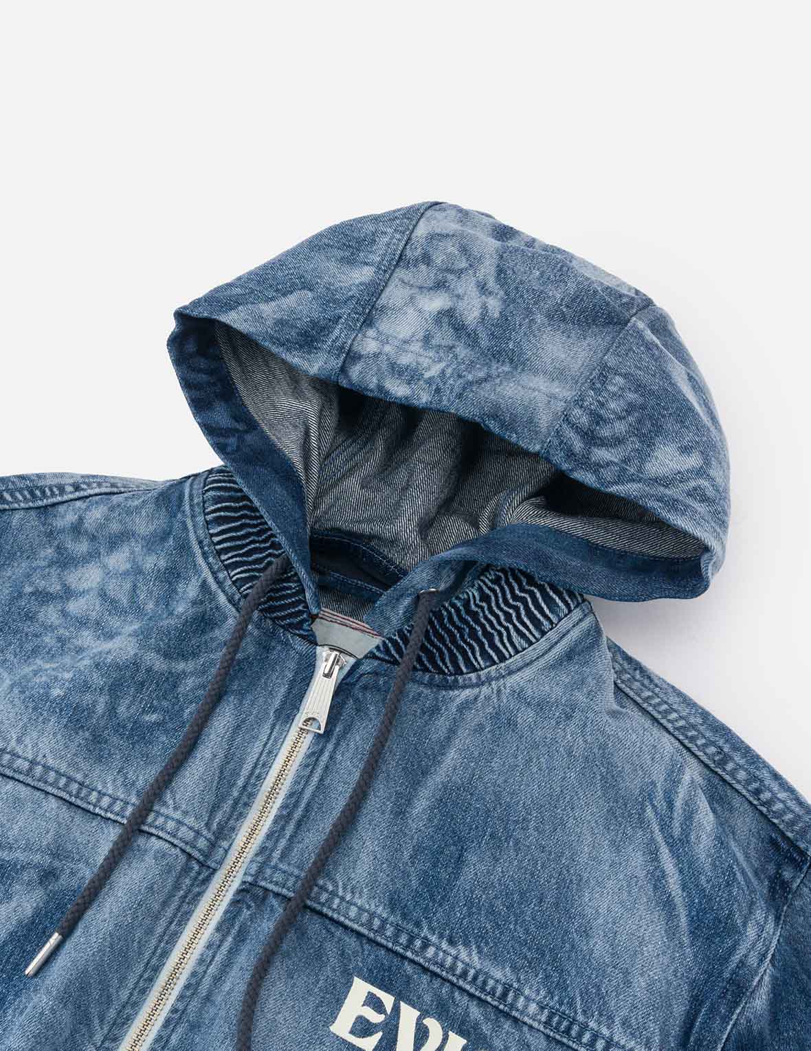 Fisherman Godhead Laser Print Loose Fit Hooded Denim Jacket