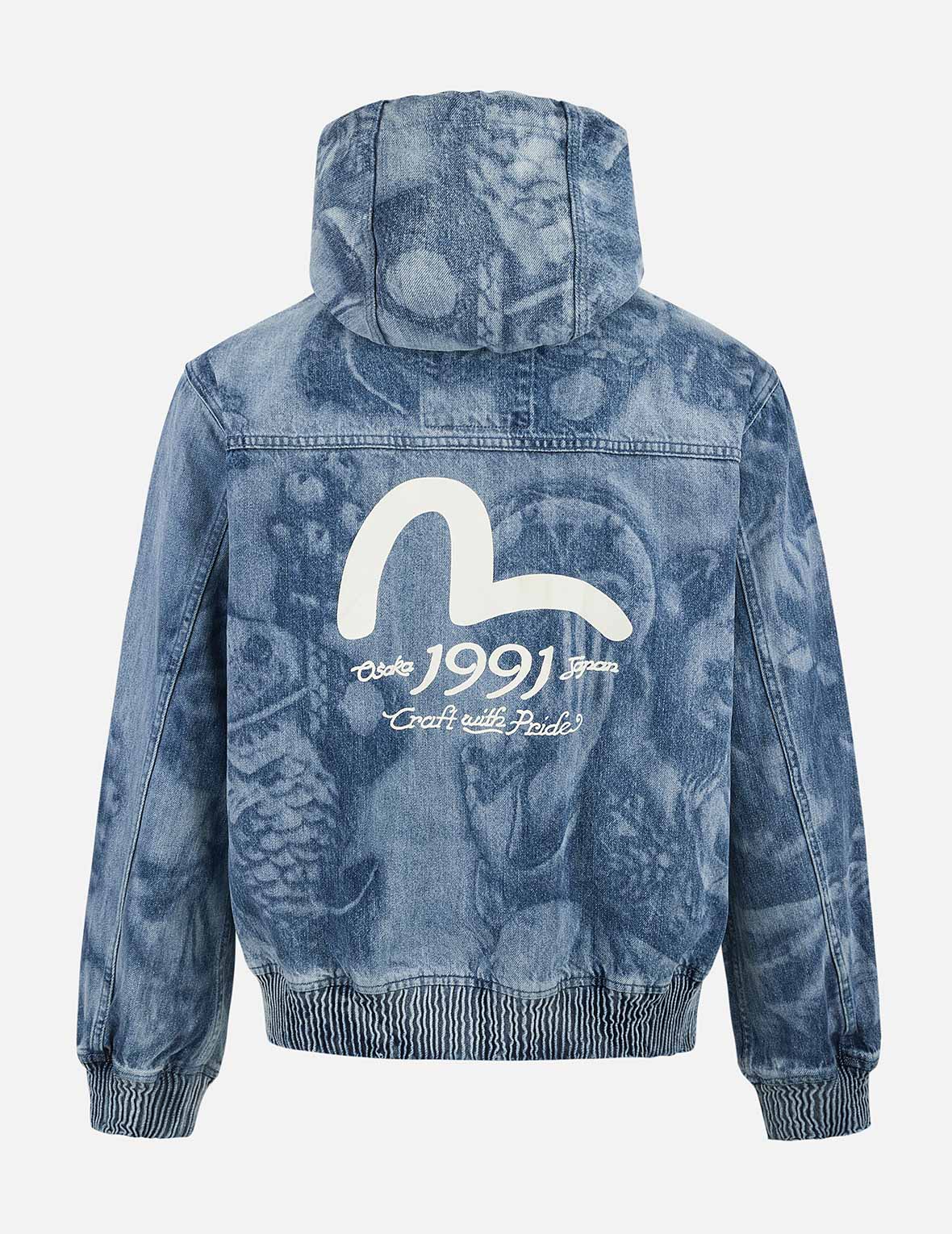 Fisherman Godhead Laser Print Loose Fit Hooded Denim Jacket