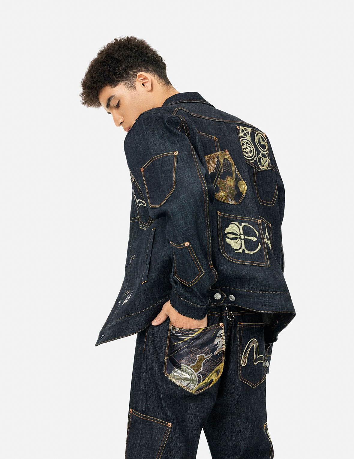 Multi-Pocket with Brocade Patch Regular Fit Denim Jacket