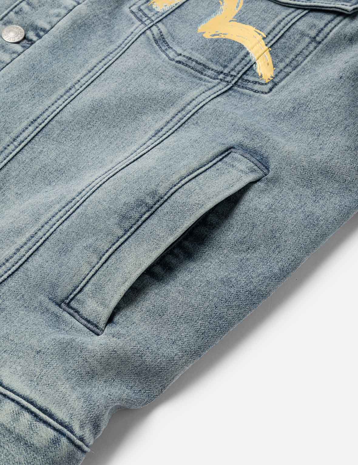 Artistic Brush Daicock Print Relax Fit Denim Jacket