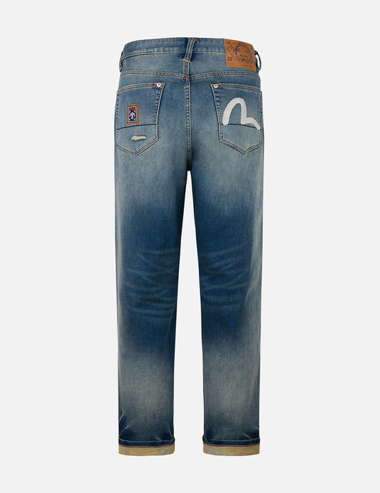 Seagull Embroidery with Hand-Woven Lanyard Relax Straight Fit Jeans #2030