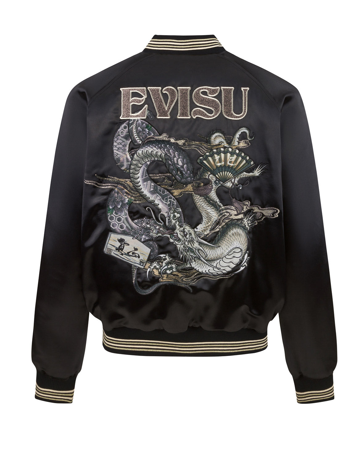 Soaring Snake Embroidery and Traditional Japanese Totem Prints Reversible Relax Fit Souvenir Jacket - Black