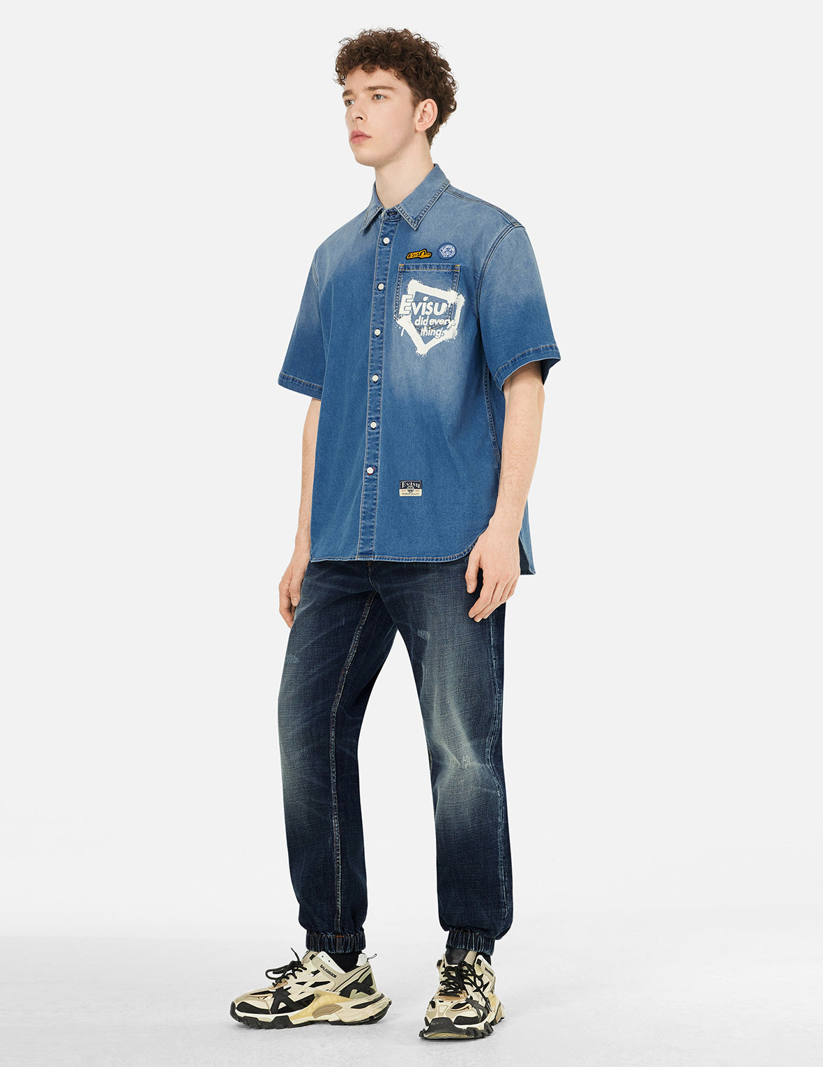 Graffiti-Style Seagull and Logo Print Straight Fit Denim Joggers