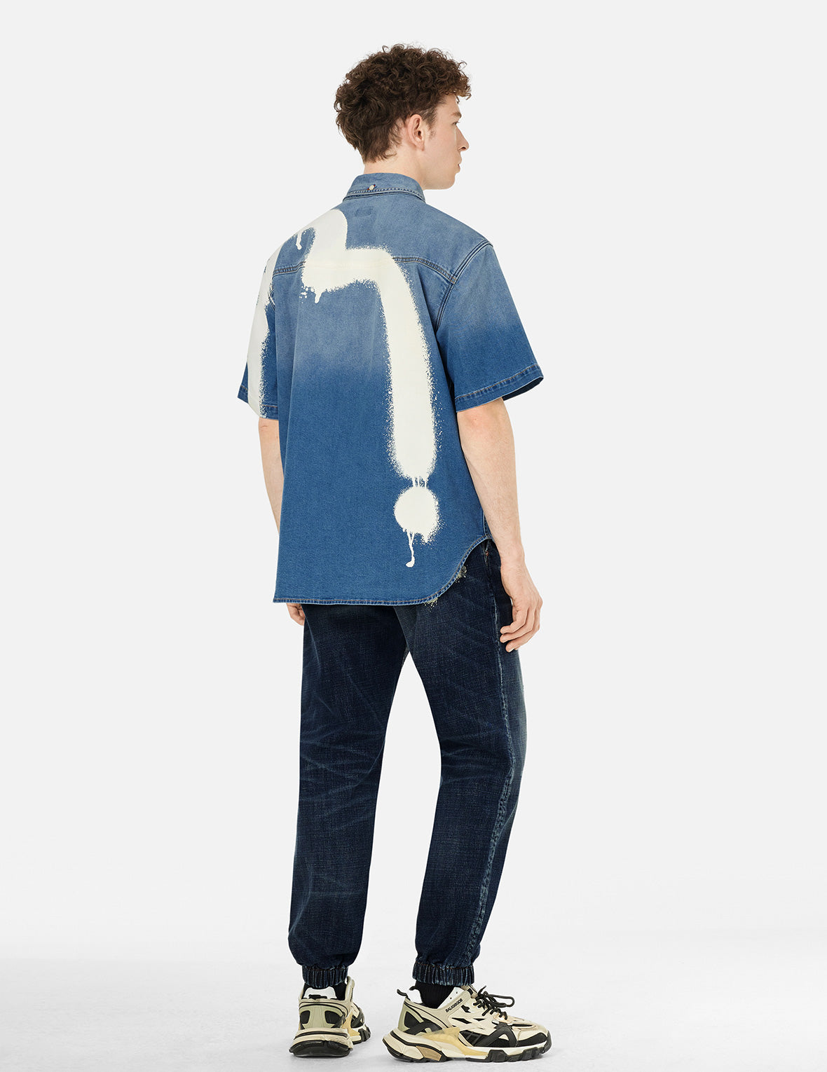 Graffiti-Style Seagull and Logo Print Straight Fit Denim Joggers