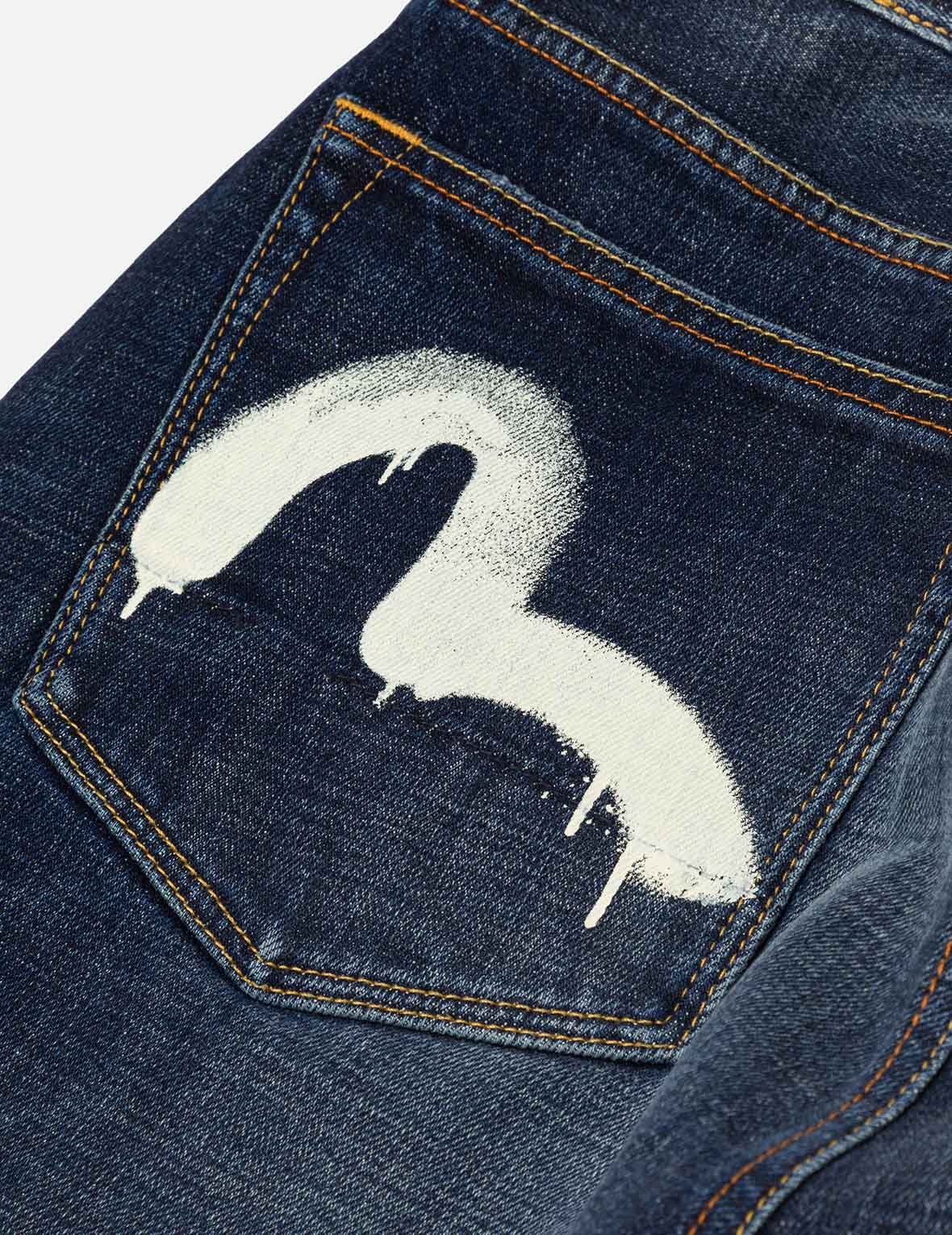 Graffiti-Style Seagull and Logo Print Straight Fit Denim Joggers