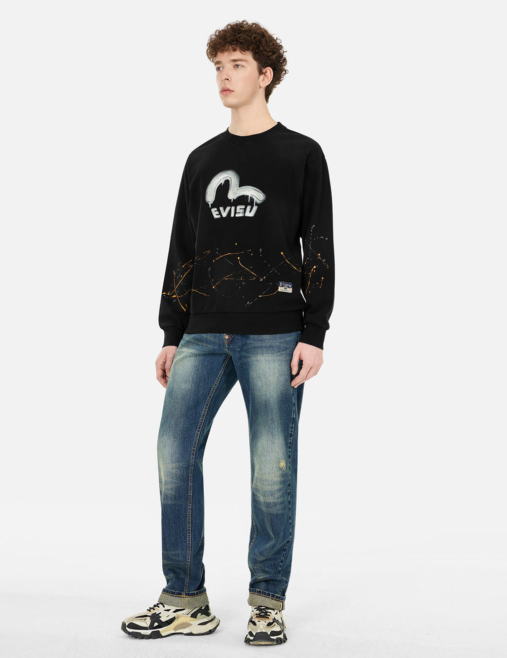 Pull Crewneck Evisu Indigo Avec Coutures Contrastées - Taille L, Coton, Style Y2K Japan - Occasion Très Bon état