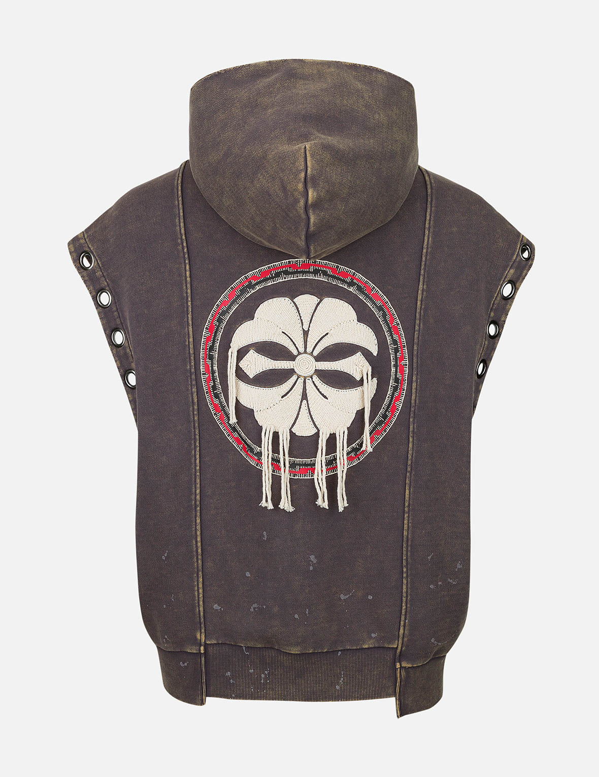 Washed Deconstructed Totem Kamon Embroidery Fashion Fit Hoodie Vest