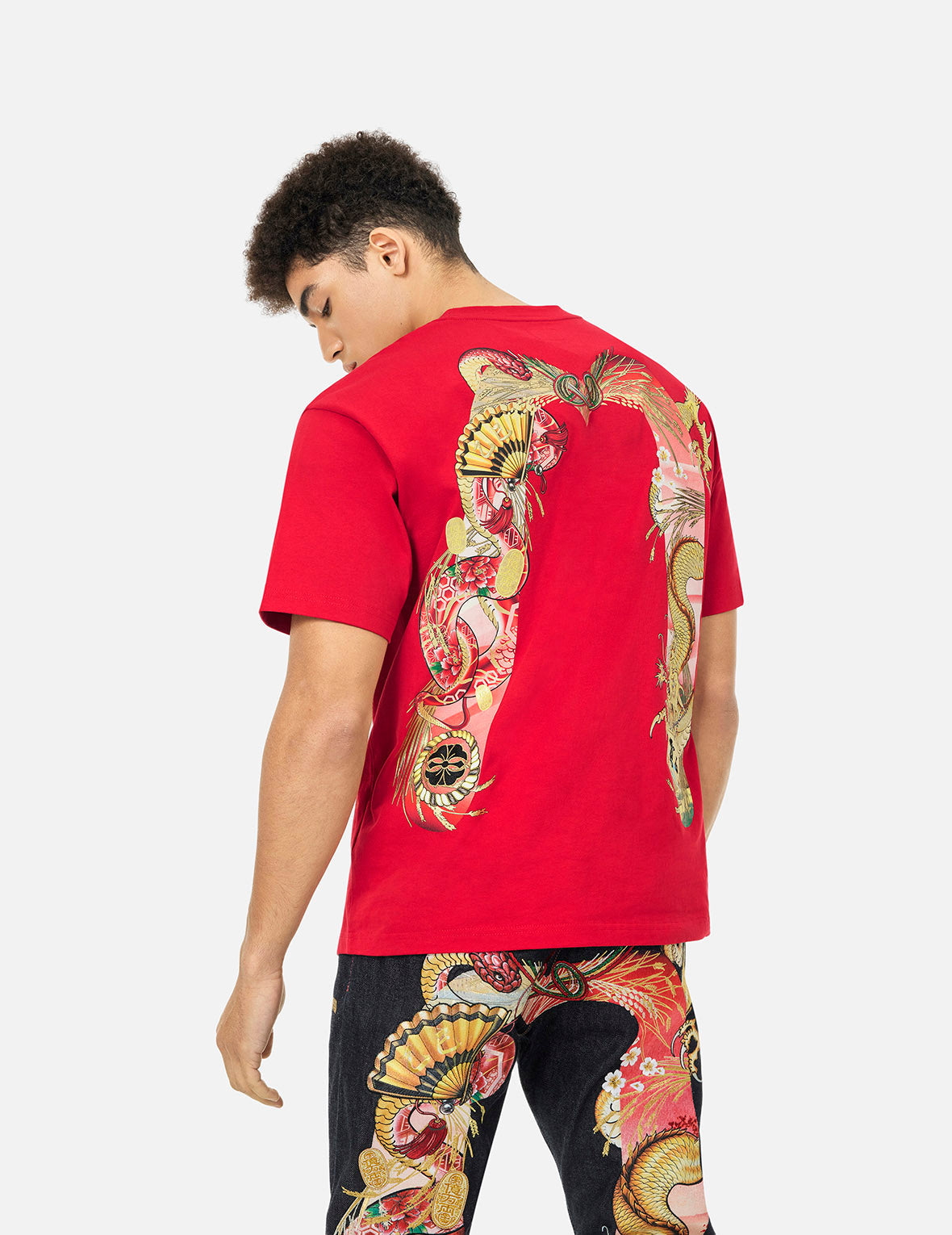 Soaring Snake Daicock Print Relax Fit T-shirt - Red