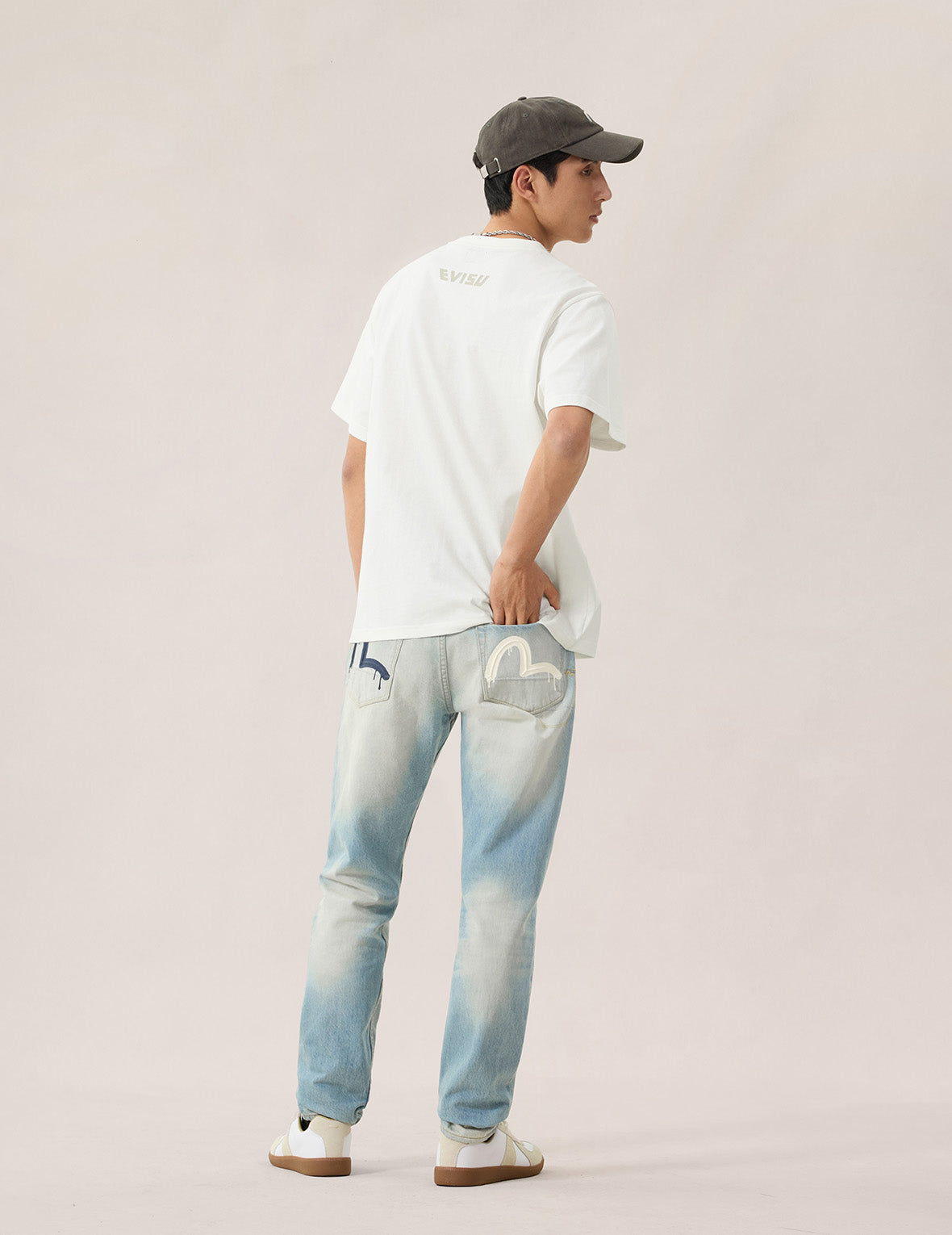 7-Pocket Seagull Print Washed Jeans #2017