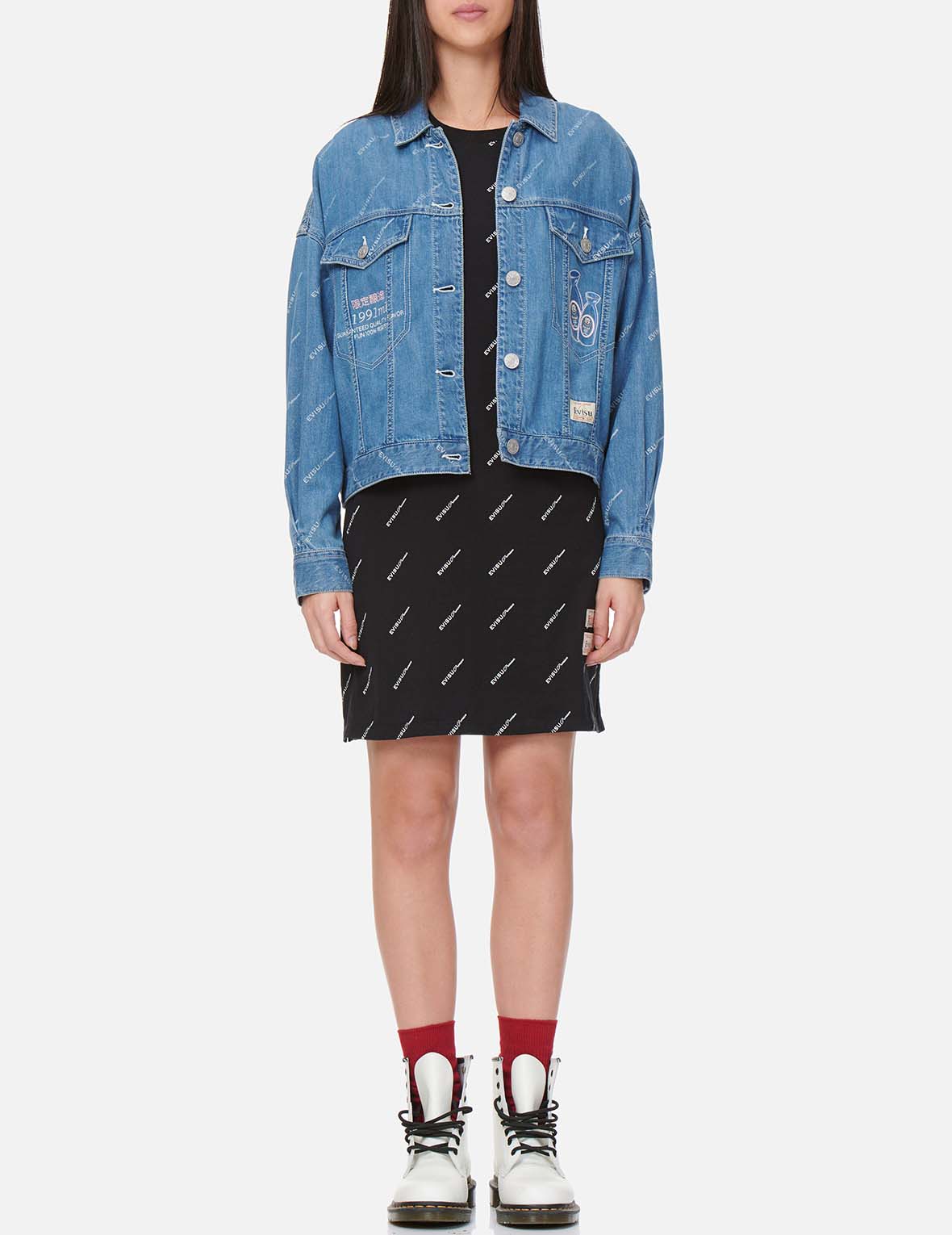 [EVISU] MONOGRAM CROP FIT DENIM JACKET / 税込み Sake Bottle Embroidered Monogram Print Denim Jacket – EVISU