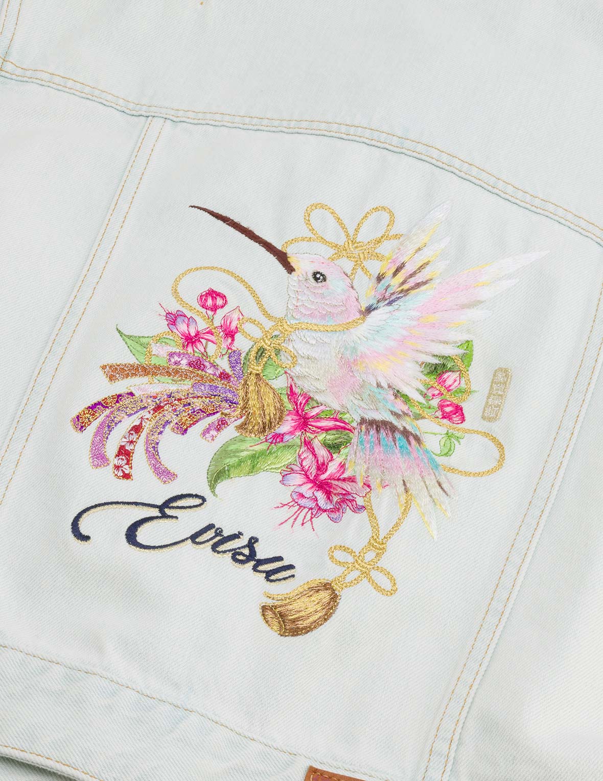 Hummingbird and Magnolia Embroidery Loose Fit Quilted Denim Jacket