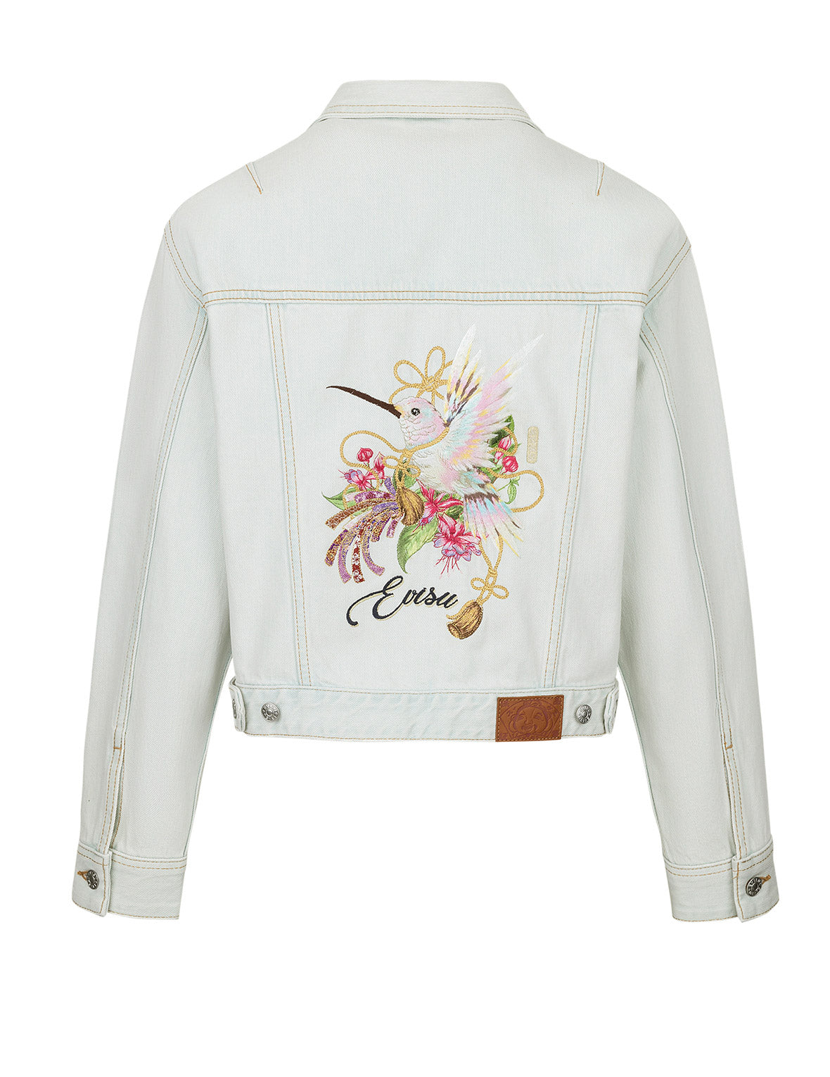 Hummingbird and Magnolia Embroidery Loose Fit Quilted Denim Jacket