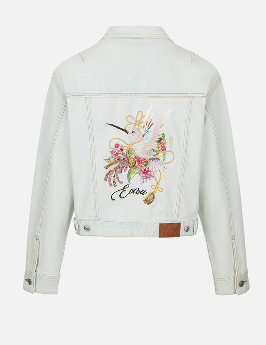 Hummingbird and Magnolia Embroidery Loose Fit Quilted Denim Jacket