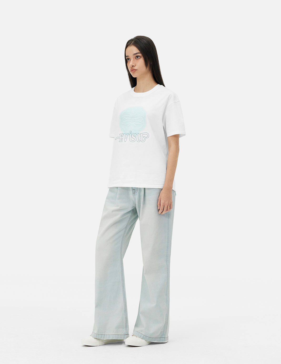 Seagull and Text Embroidery Baggy Jeans