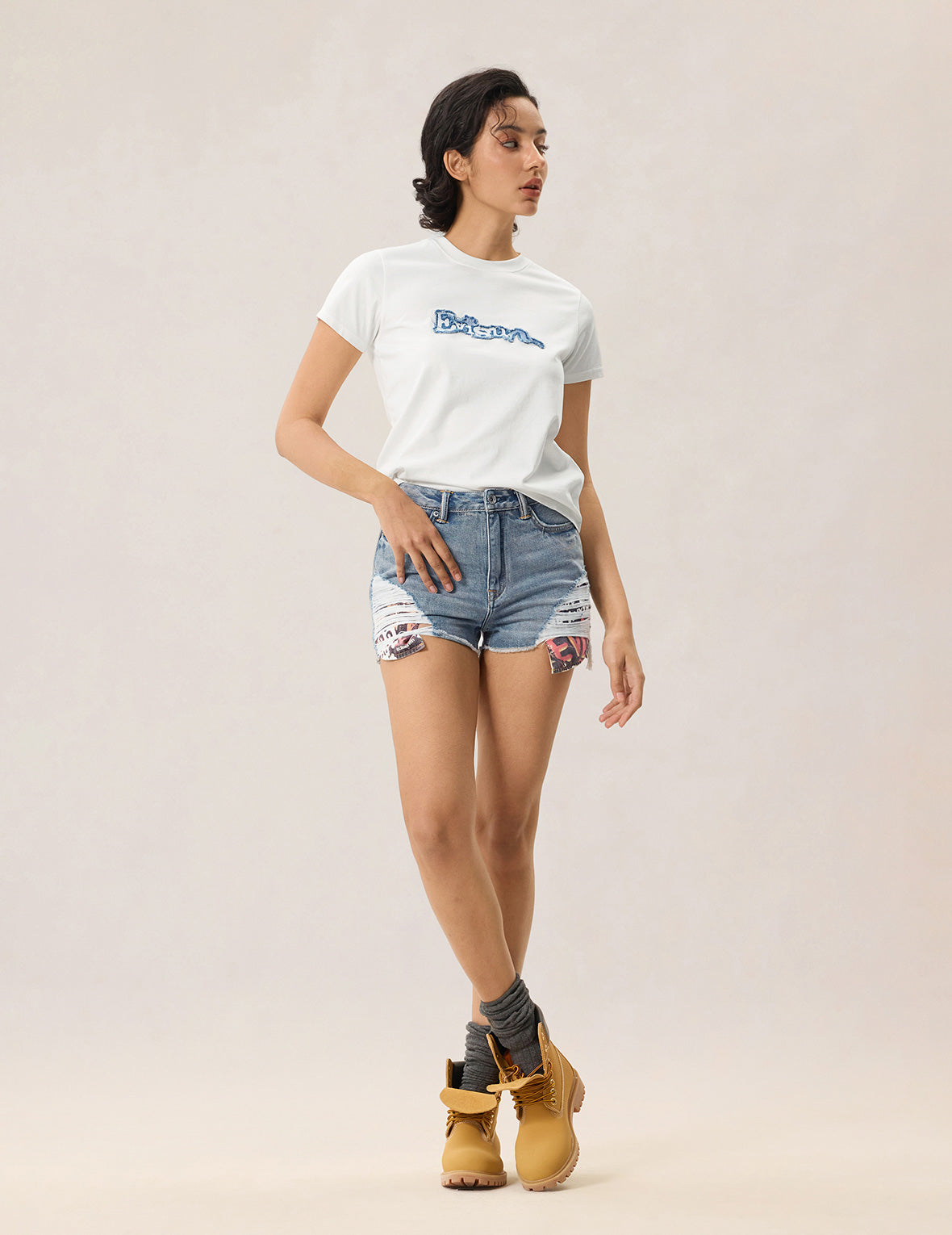 Distressed Denim Shorts with Printed Pocket Lining