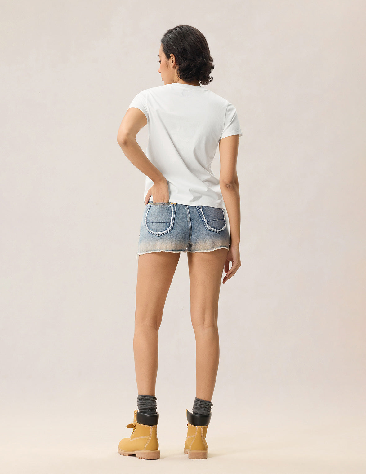 Distressed Denim Shorts with Printed Pocket Lining