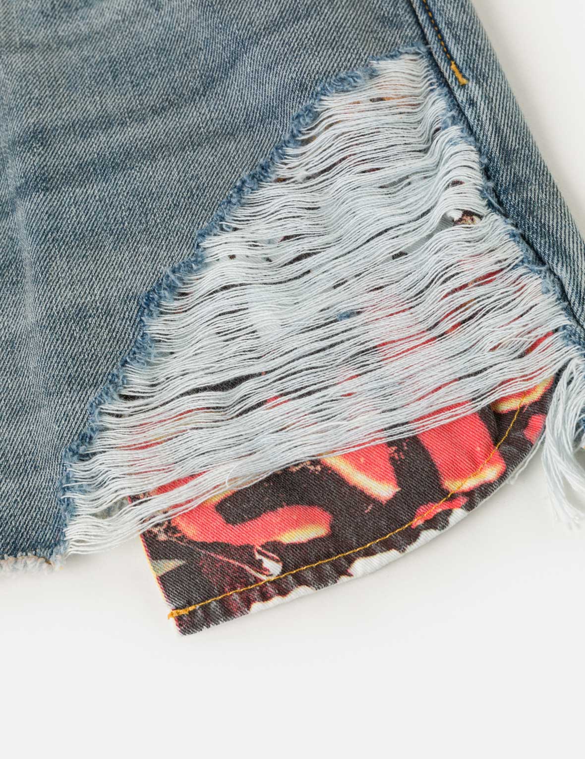 Distressed Denim Shorts with Printed Pocket Lining