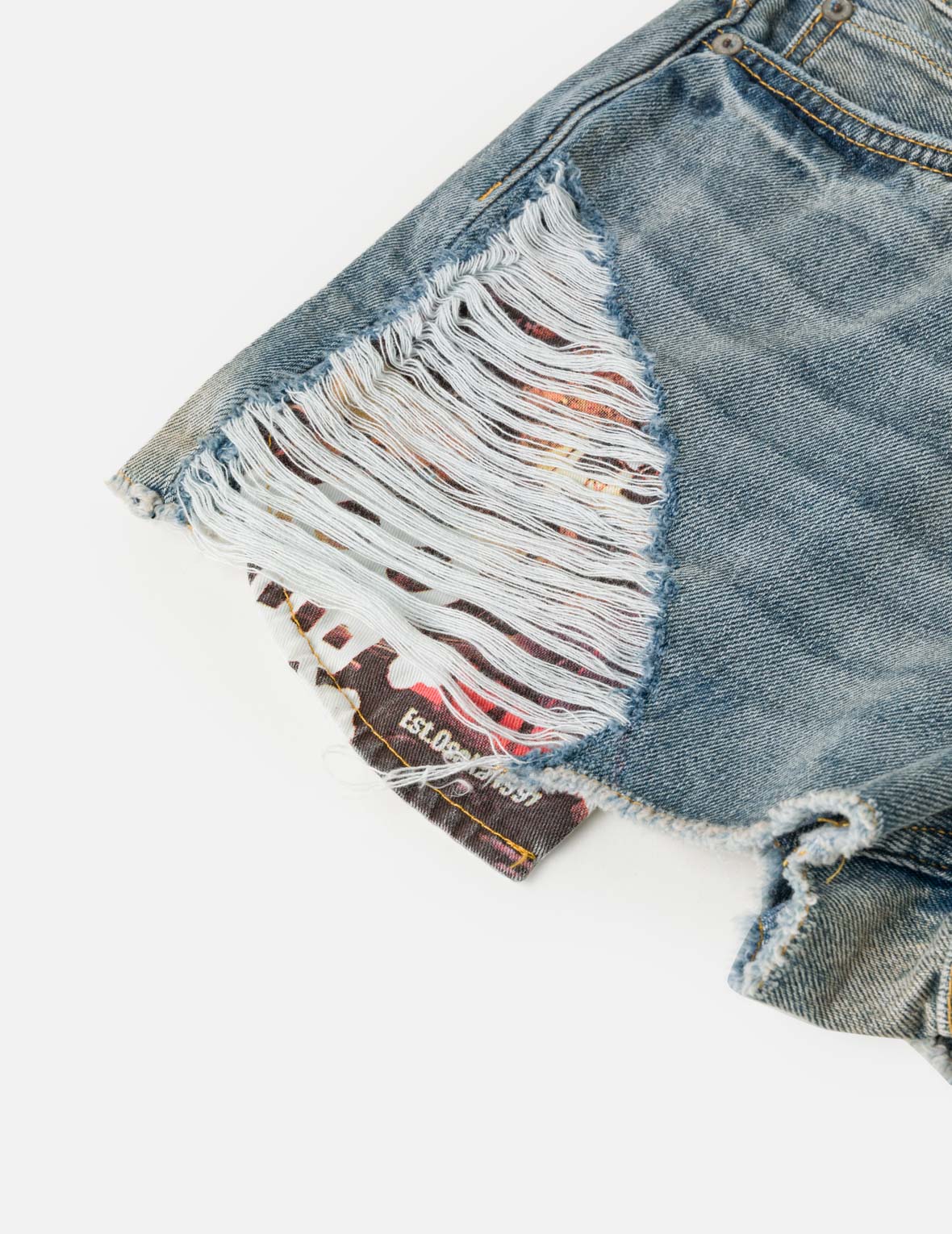 Distressed Denim Shorts with Printed Pocket Lining