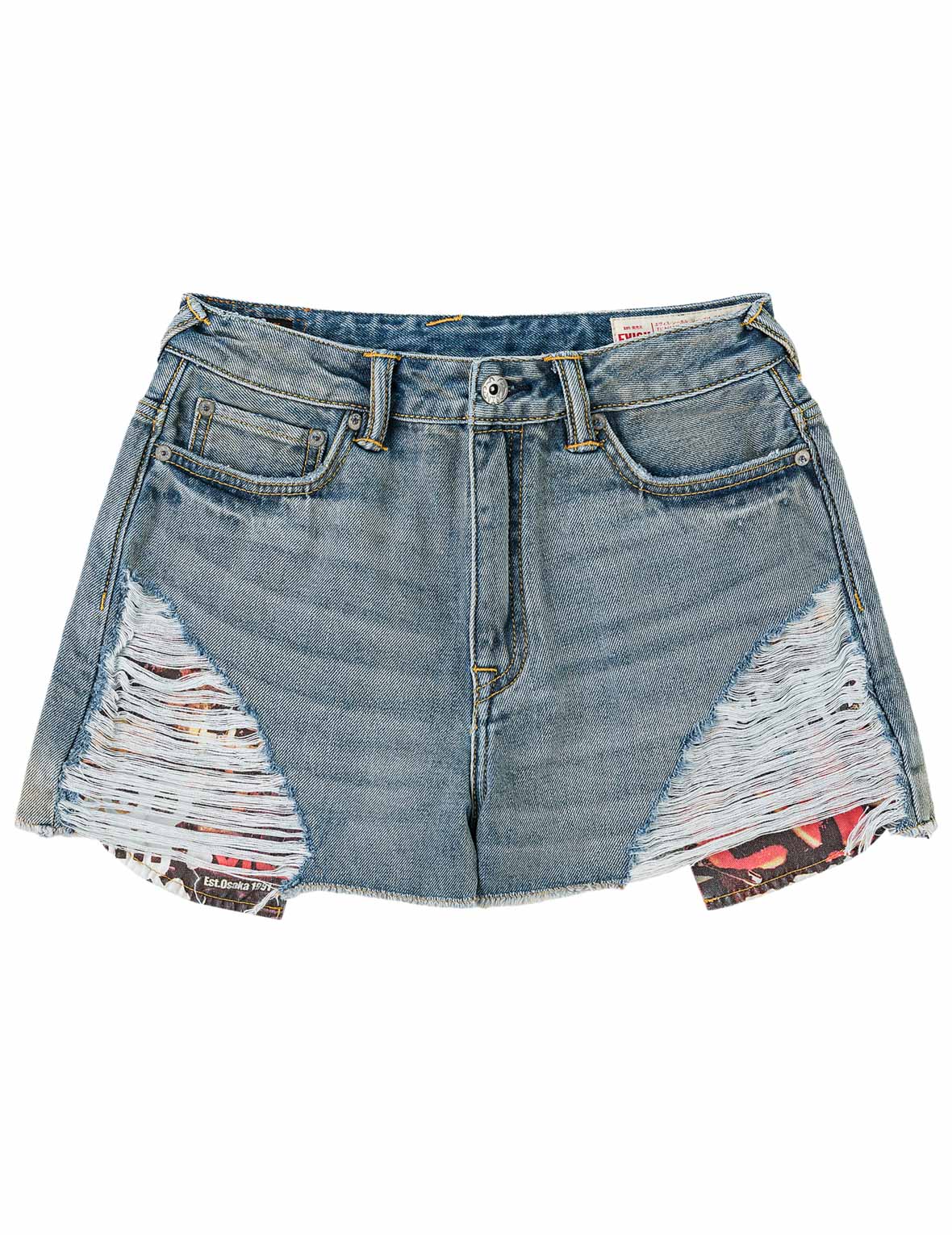 Distressed Denim Shorts with Printed Pocket Lining