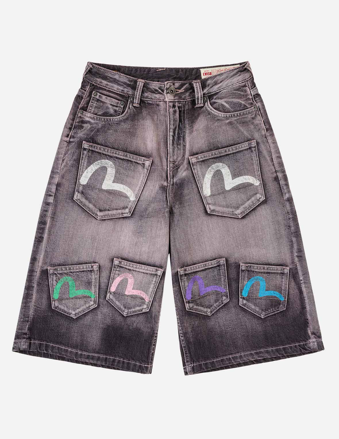 Seagull Print Multi-Pocket Denim Shorts – EVISU