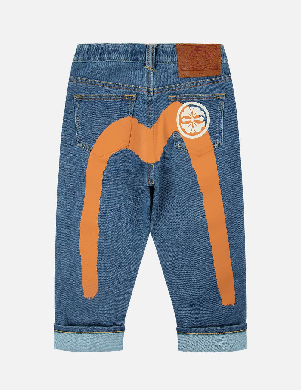 美男　一支铅笔牛仔裤 笔刷大M印花牛仔裤– EVISU