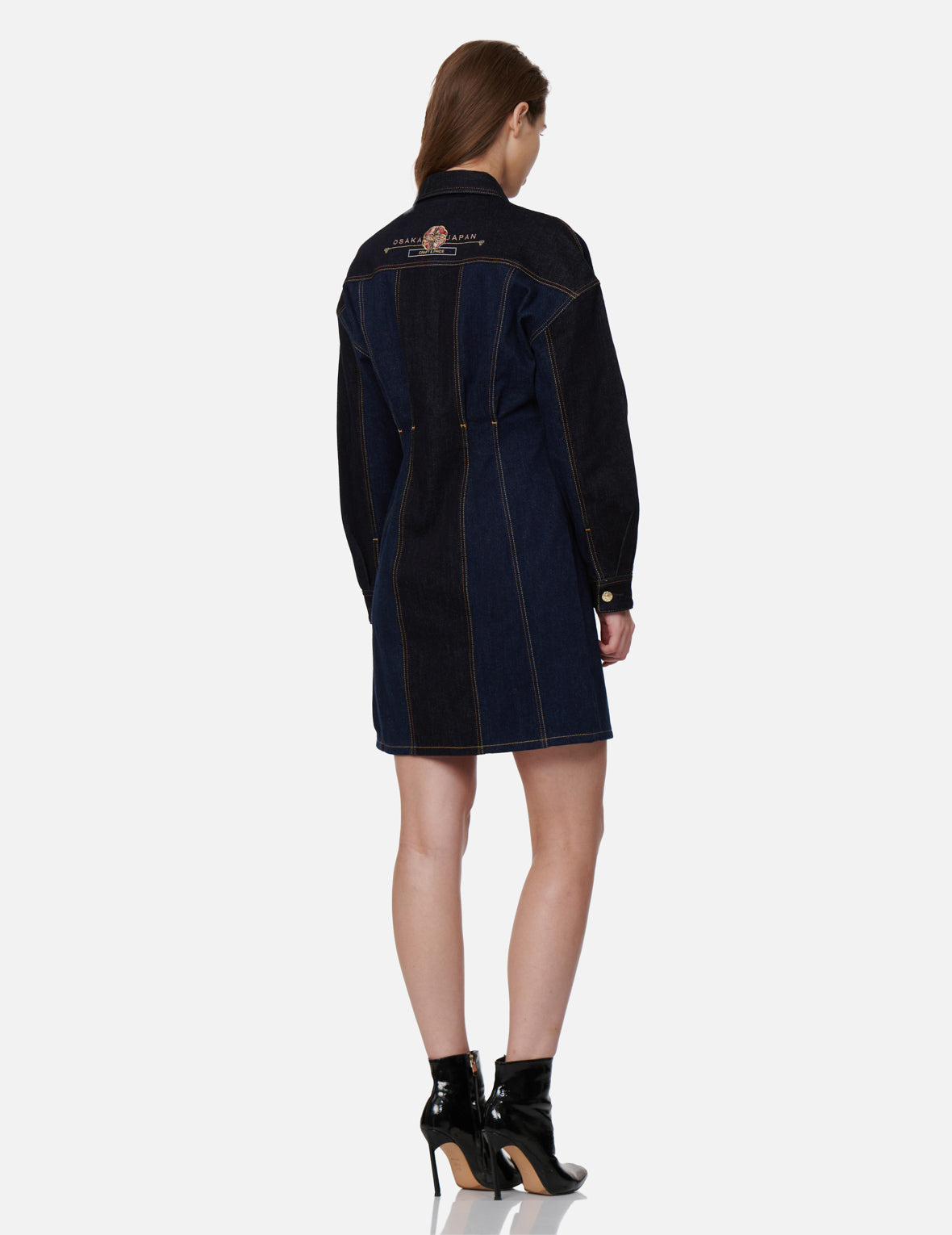 Seagull and Kamon Embroidery Denim Blocking Dress